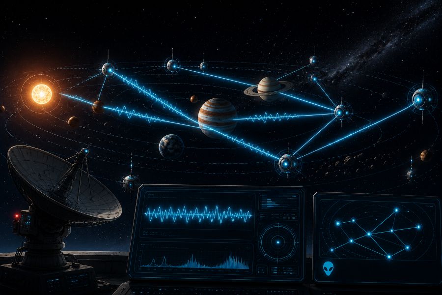 Señales electromagnéticas coherentes de origen no identificado: evidencia de una red de monitorización no humana en el Sistema Solar